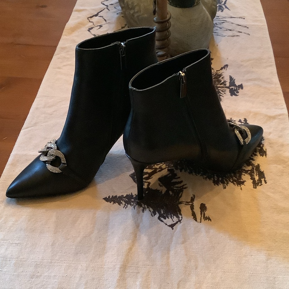 WHBM Elegant Black Ankle Boots with Rhinestone Detail